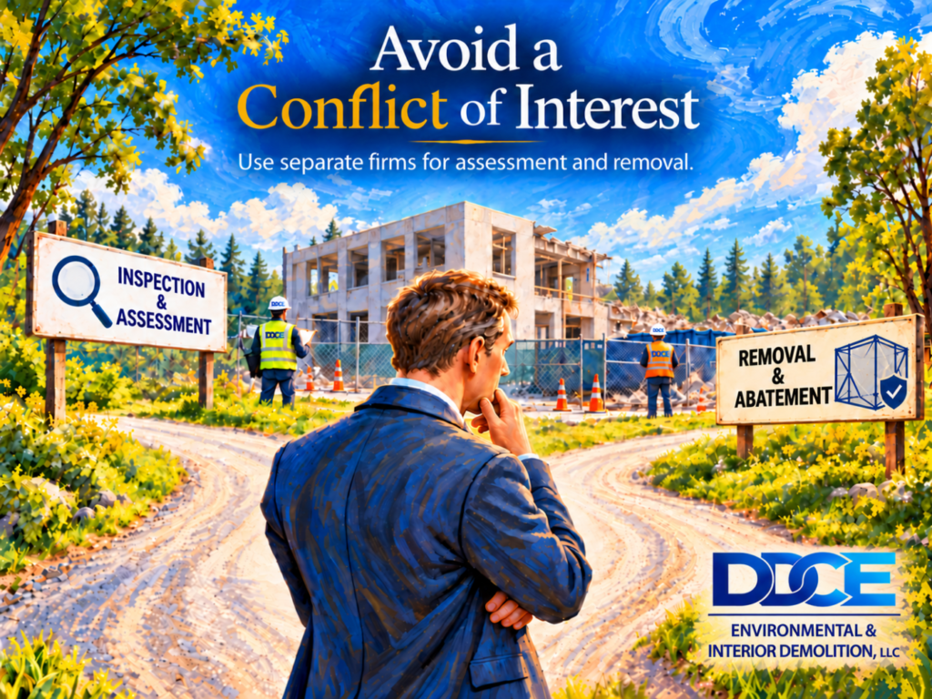 Property owner comparing separate asbestos inspection and asbestos abatement firms before hiring a contractor so they can hire an asbestos professional confidently.